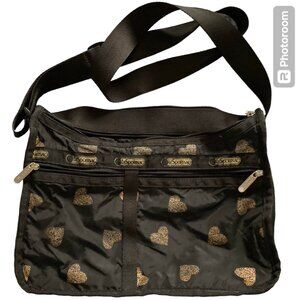 Le Sportsac Everyday Black Nylon Gold Heart Crossbody Shoulder Bag